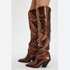 new Free People LEATHER Triple Crown Over the Knee Boot Bronze Metallic 253